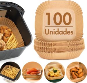 Genérico Kit 100 Formas De Papel Descartável Quadrada Antiaderente Premium Protetor à Prova De Gordura Para Fritadeira Sem Óleo Tamanho Universal Compatível com Todas Fritadeiras Air Fryer