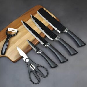 Jogo de Facas Inox 6 Peças Faqueiro Profissional Kit Faca Corte Preciso para Cozinha com Descascador e Tesoura Conjunto para Churrasco