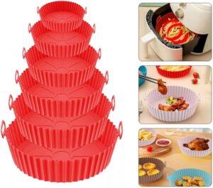 Kit 6 Formas Air Fryer Silicone Reutilizável Resistente ao Calor Antiaderente Com Alça Tamanhos Variados Pode Ser Usado Forno Microondas Geladeira (Cores Variadas)